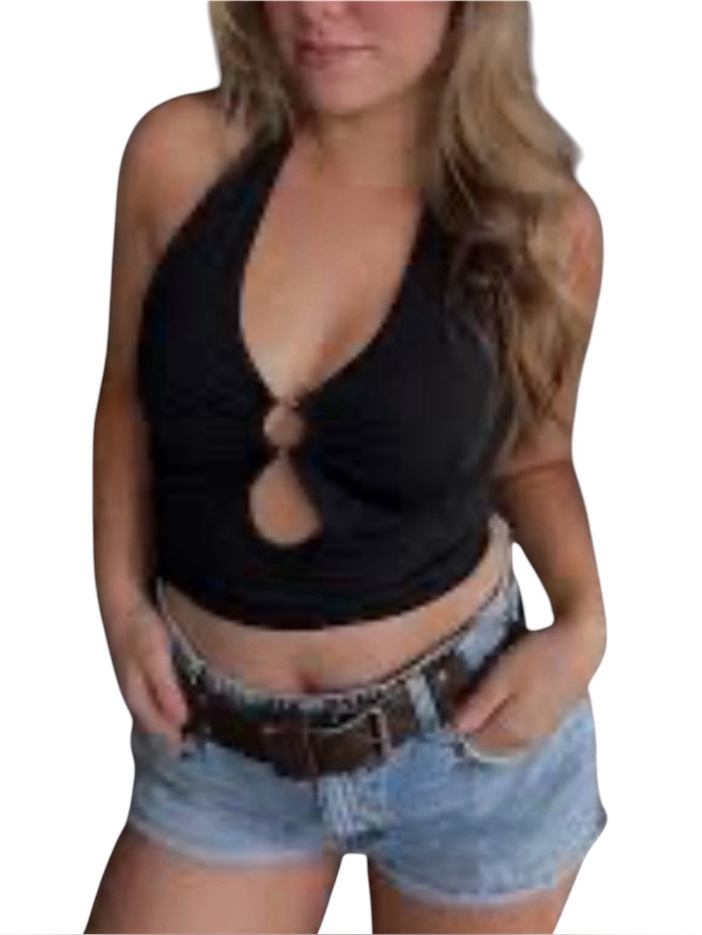 Y2K Inspired Solid Black Halter Keyhole Crop Tank Top